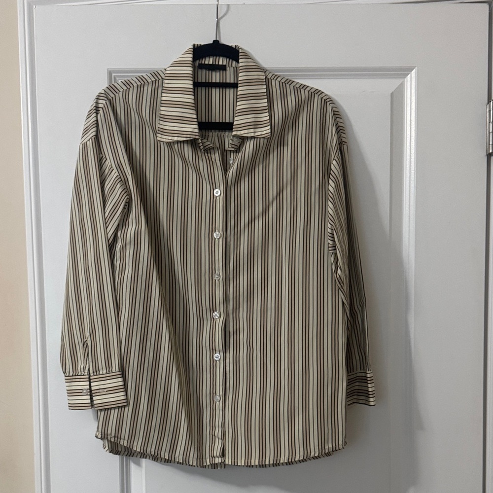 Joh Apparel  Classic Striped Beige Women's Button Down Shirt